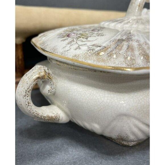 T.E.P.P. Co. Antique White Ironstone Covered Dish Tureen Crazed Stained Floral - Picture 10 of 16
